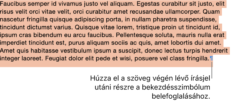 Egy bekezdés, amelynek kijelölésében a bekezdés szimbólum is szerepel.