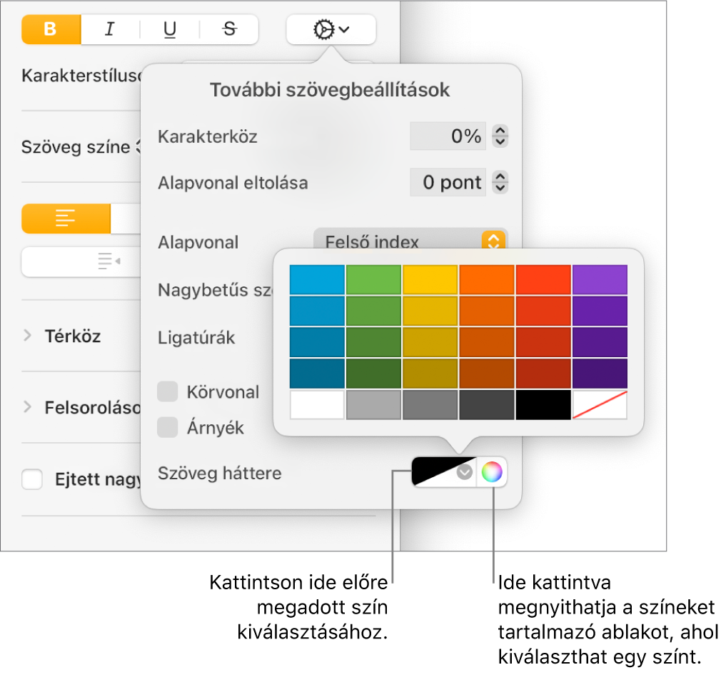 Vezérlők a szöveg háttérszínének kiválasztásához.
