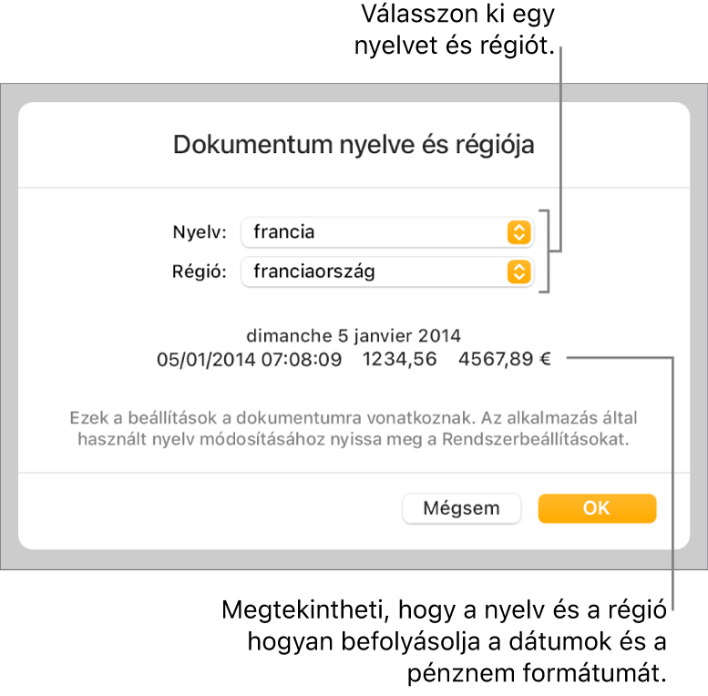 A Nyelv és régió panel a nyelv és a régió vezérlőivel, valamint egy formátumot bemutató példával, amely tartalmazza a dátum, az idő, a tizedesek és a pénznem formátumát.