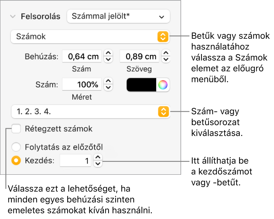 Lista számstílusának és térközének módosítására szolgáló vezérlők.