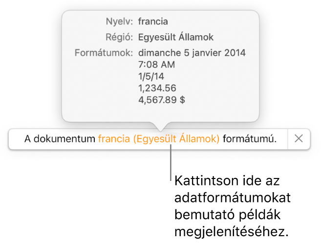 Értesítés az eltérő nyelvi és regionális beállításokról, és látható néhány példa az adott nyelvre és régióra jellemző formátumokra.