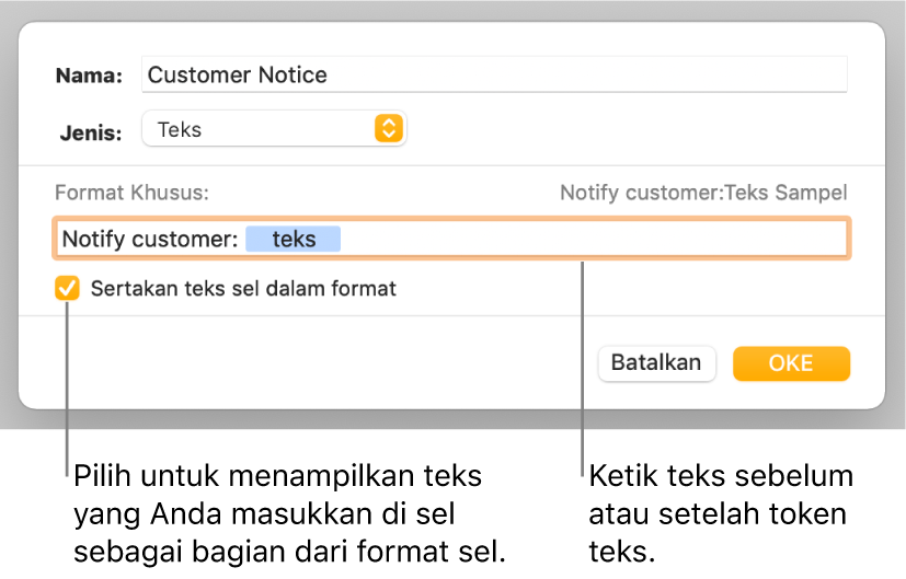 Jendela format sel khusus dengan kontrol untuk memilih pemformatan teks khusus.