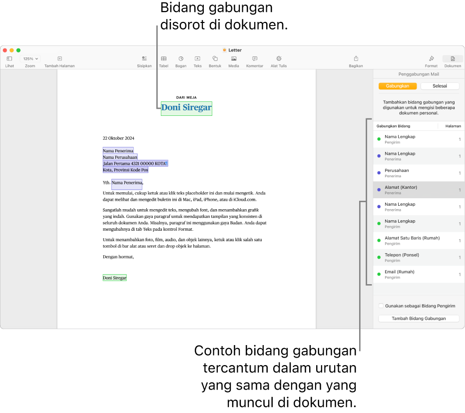 Dokumen Pages dengan bidang gabungan penerima dan pengirim, serta daftar contoh bidang gabungan terlihat di bar samping Dokumen.