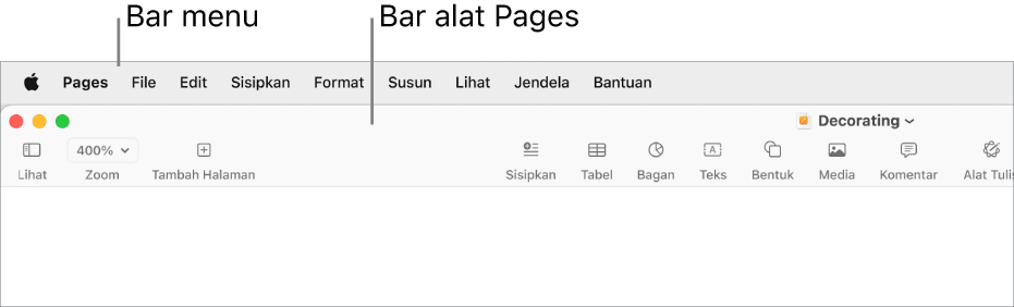 Bar menu di bagian atas layar dengan menu Apple, Pages, File, Edit, Sisipkan, Format, Susun, Lihat, Jendela, dan Bantuan. Di bawah bar menu adalah dokumen Pages yang terbuka dengan tombol bar alat di sepanjang bagian atas untuk Lihat, Zoom, Tambah Halaman, Sisipkan, Tabel, Bagan, Teks, Bentuk, Media, Komentar, Bagikan, dan Format.
