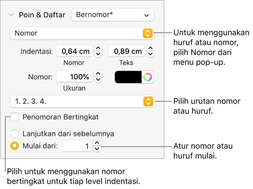 Kontrol untuk mengubah gaya nomor dan spasi daftar.