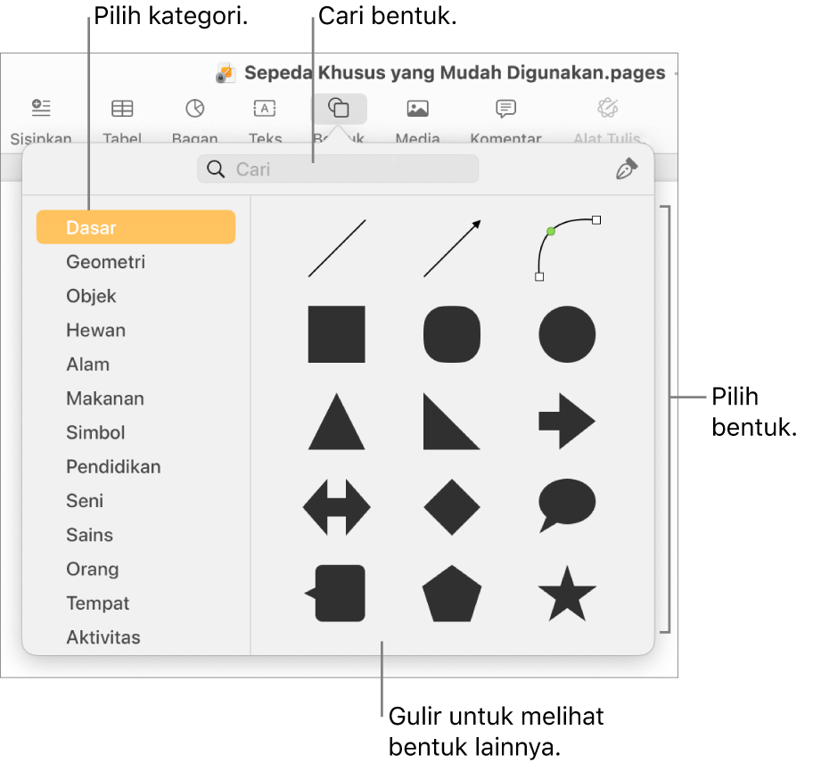 Perpustakaan bentuk, dengan kategori tercantum di kiri dan bentuk ditampilkan di kanan. Anda dapat menggunakan bidang pencarian di bagian atas untuk menemukan bentuk dan menggulir untuk melihat lainnya.