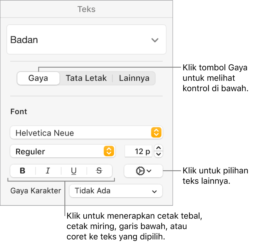 Kontrol Gaya di bar samping Format dengan keterangan pada tombol Tebal, Miring, Garis Bawah, dan Coret.