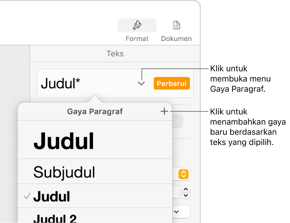 Menu Gaya Paragraf, menampilkan kontrol untuk menambahkan atau mengubah gaya.