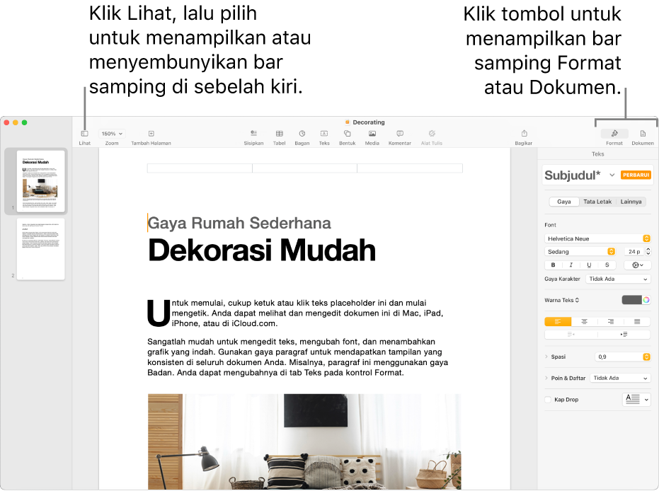 Jendela Pages dengan keterangan pada tombol menu Lihat serta Tombol Format dan Dokumen di bar alat. Bar samping terbuka di kiri dan kanan.
