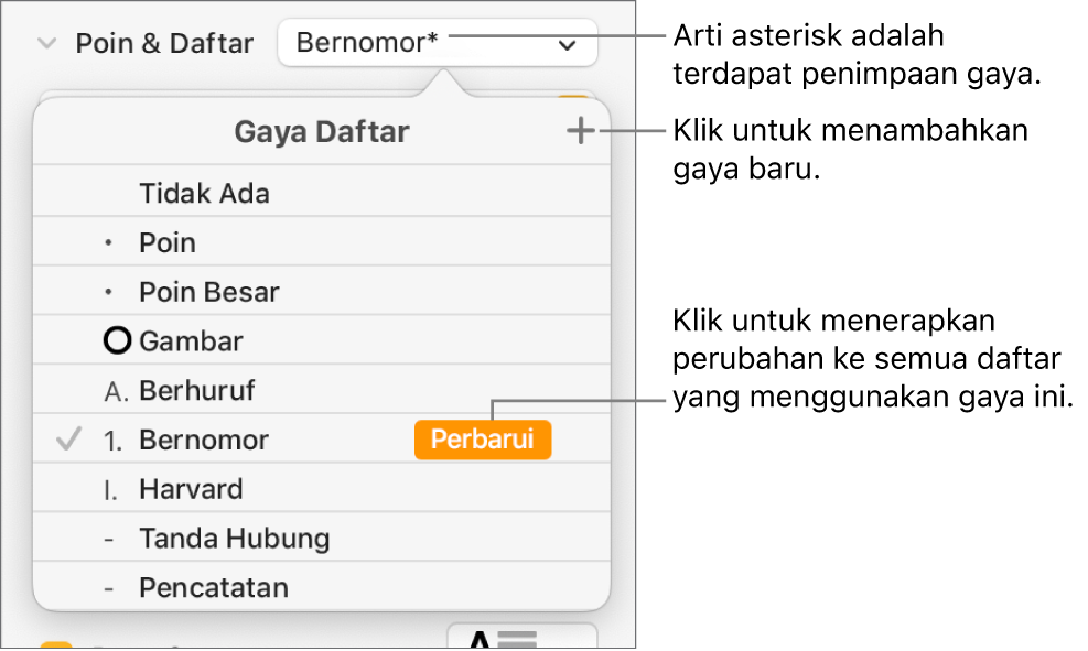Menu pop-up Gaya Daftar dengan asterisk yang menunjukkan penimpaan dan keterangan pada tombol Gaya Baru, dan submenu pilihan untuk mengelola gaya.