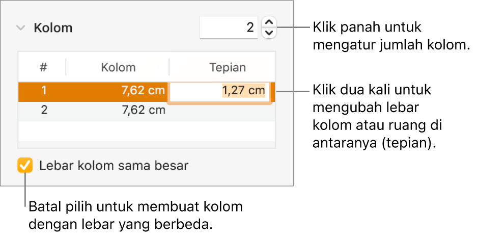 Panel Tata Letak pada inspektur Format, menampilkan kontrol kolom.