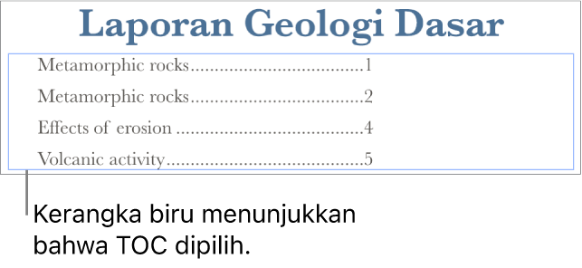 Daftar isi disisipkan ke dalam dokumen. Entri menampilkan heading bersamaan dengan nomor halamannya.