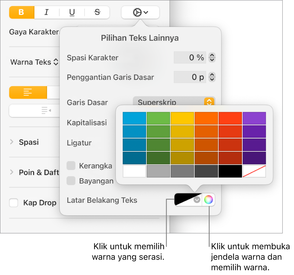 Kontrol untuk memilih warna latar belakang untuk teks.