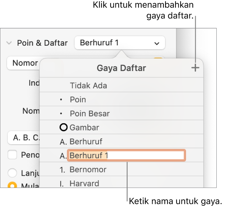 Menu pop-up Gaya Daftar dengan tombol Tambah di pojok kanan atas dan nama gaya placeholder dengan teksnya dipilih.