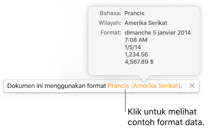 Pemberitahuan pengaturan bahasa dan wilayah yang berbeda, menunjukkan contoh format dalam bahasa dan wilayah tersebut.