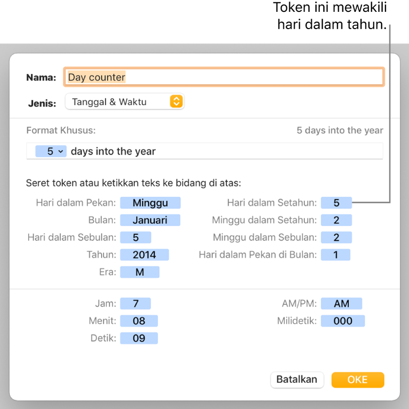 Jendela format sel khusus dengan kontrol untuk memilih pemformatan tanggal dan waktu khusus.
