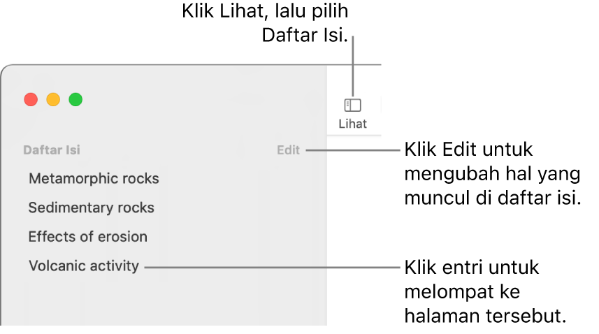 Daftar isi di sisi kiri jendela Pages dengan tombol Edit di pojok kanan atas bar samping dan entri daftar isi di daftar. Tombol Lihat berada di pojok kiri atas bar alat Pages, di atas bar samping.