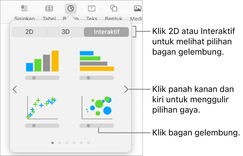 Menu tambah bagan menampilkan bagan interaktif, termasuk pilihan bagan gelembung.
