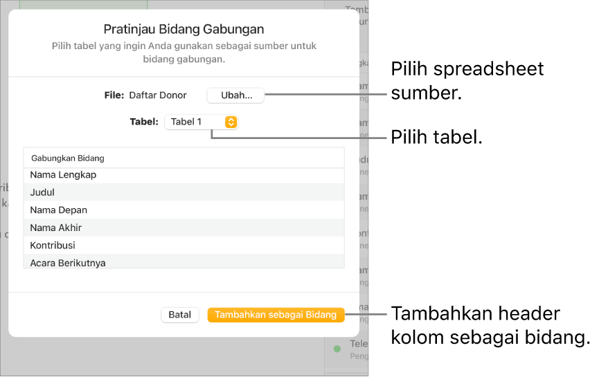 Panel Pratinjau Bidang Gabungan dibuka, dengan pilihan untuk mengubah file atau tabel sumber, mempratinjau nama bidang gabungan, atau menambahkan header kolom sebagai bidang.