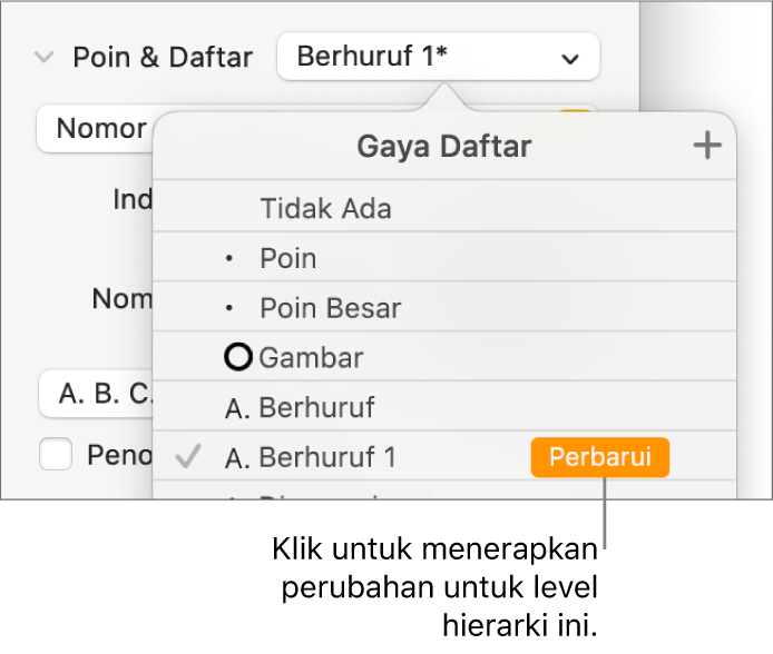Menu pop-up Gaya Daftar dengan tombol Perbarui di samping nama gaya baru.