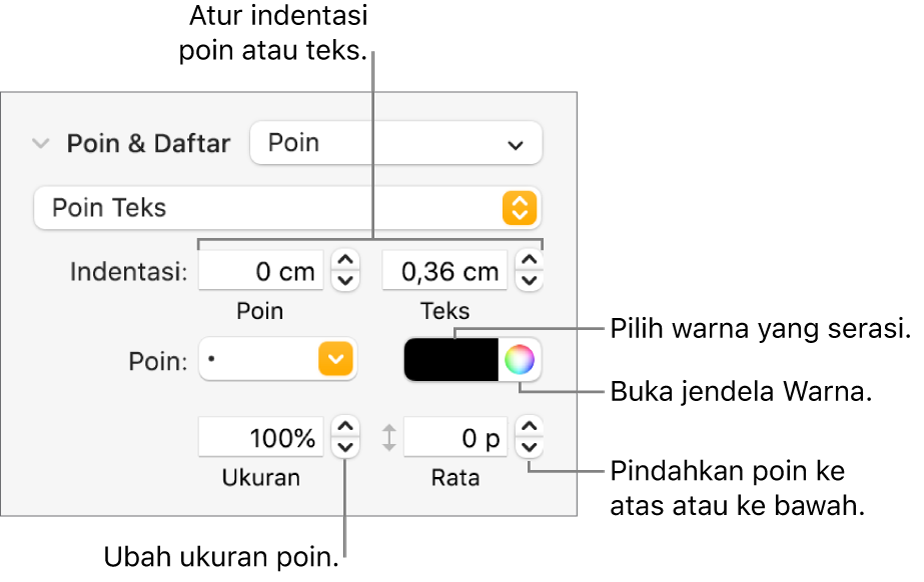 Bagian Poin & Daftar dengan keterangan pada kontrol untuk indentasi poin dan teks, warna poin, ukuran poin, dan perataan.