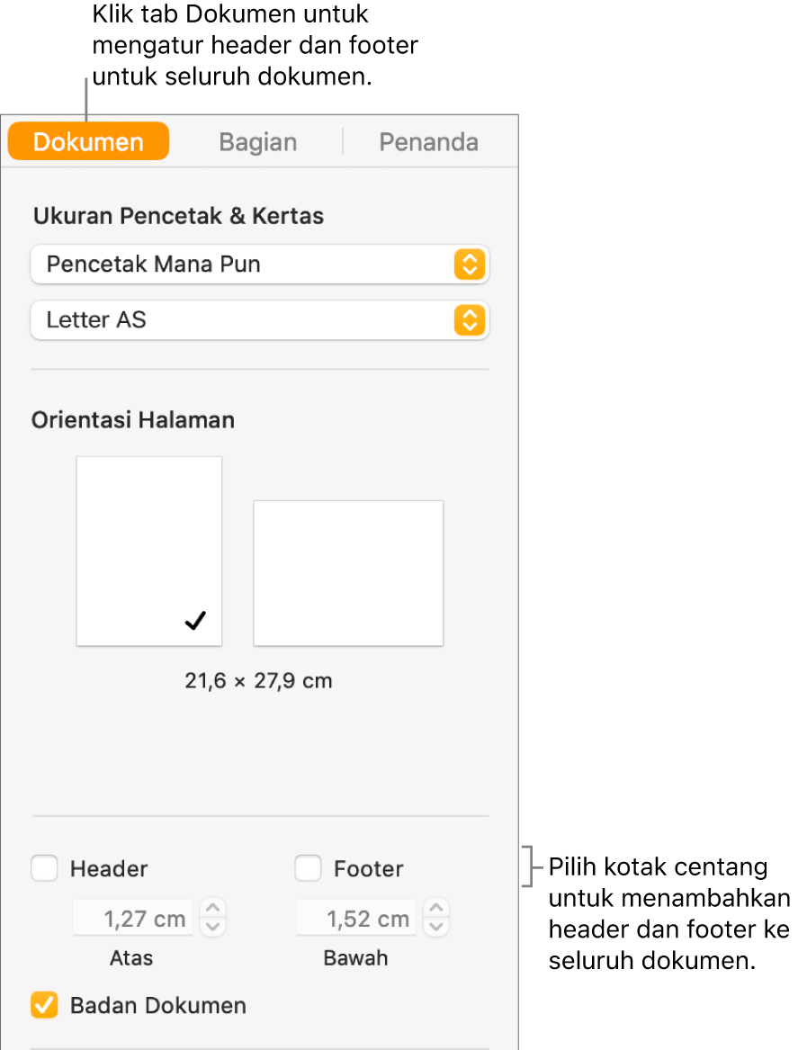 Bar samping Dokumen dengan tab Dokumen di bagian atas bar samping dipilih. Di bawah kotak centang Header dan Footer terdapat panah untuk mengubah jarak header dan footer dari bagian atas dan bagian bawah halaman.