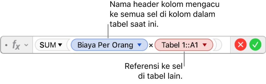 Editor Formula menampilkan formula yang merujuk pada kolom di satu tabel dan sel di tabel lain.