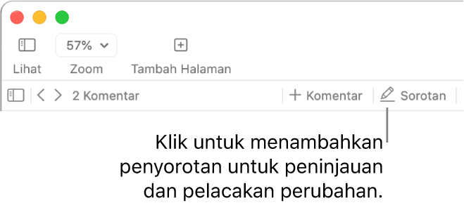 Bar menu menampilkan menu Sisipkan dan di bagian bawahnya, terdapat bar alat Pages dengan alat tinjauan dan keterangan pada tombol Sorot.