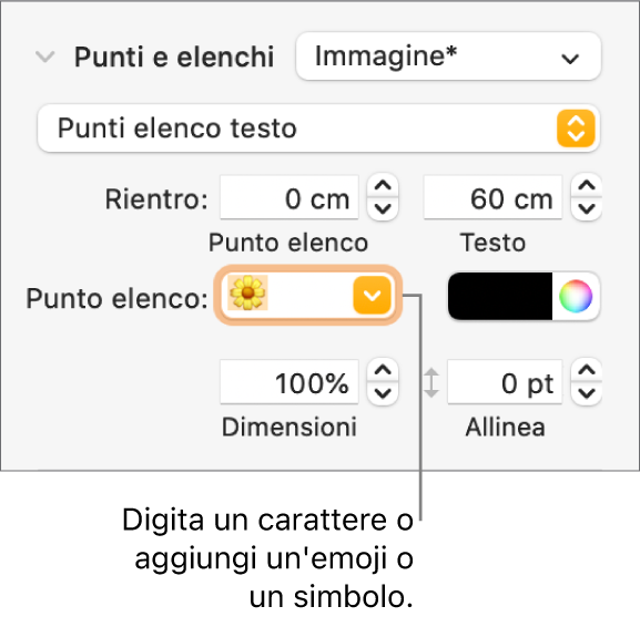 La sezione “Elenchi puntati” della barra laterale Formato. Nel campo “Punto elenco” viene visualizzata l’emoji di un fiore.