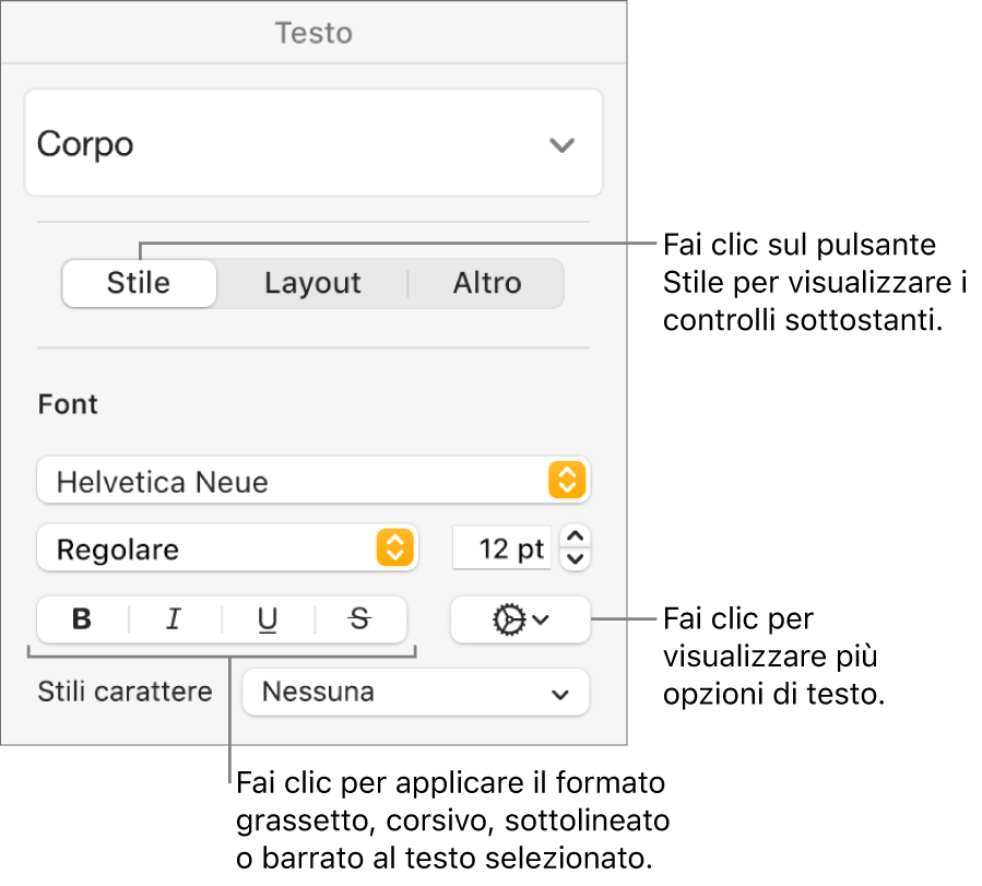 Controlli di Stile nella barra laterale Formato con didascalie per i pulsanti Grassetto, Corsivo, Sottolineato e Barrato.