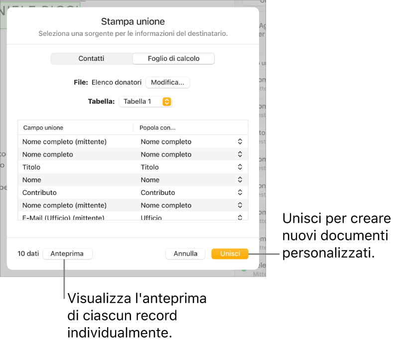Si apre il pannello “Stampa unione”, con le opzioni per modificare il file o la tabella di origine, visualizzare l’anteprima dei nomi dei campi unione o unire il documento.