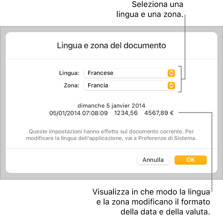 Il pannello “Lingua e zona” con i controlli per lingua e zona e un esempio di formato che include data, ora, numeri decimali e valuta.