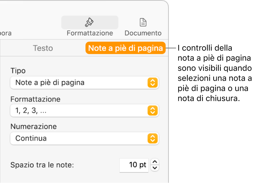 Pannello “Note a piè di pagina” con i menu a comparsa Tipo, Formato, Numerazione e “Spazio tra le note”.