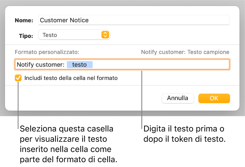 Finestra per la formattazione delle celle con controlli per scegliere un formato di testo personalizzato.