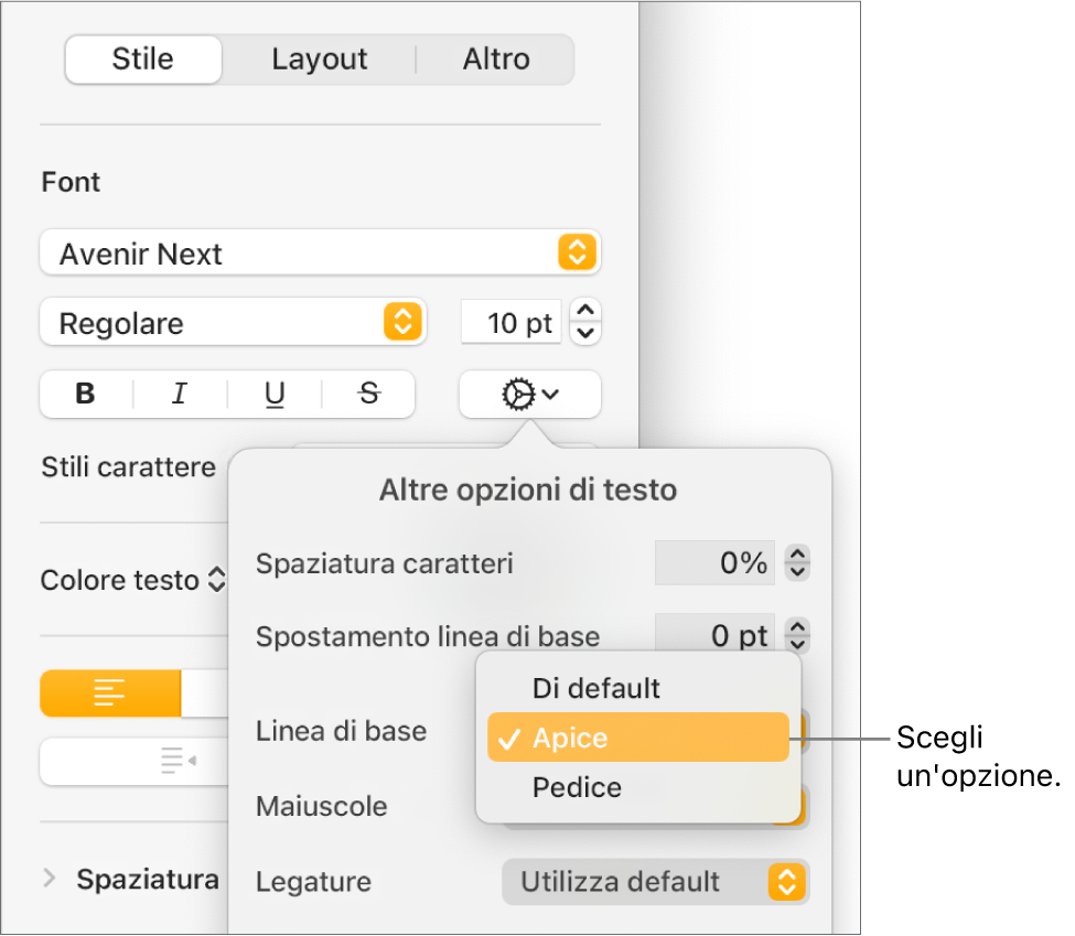 Menu Opzioni avanzate con il menu a comparsa Linea di base aperto e che mostra gli elementi del menu Default, Apice o Pedice.