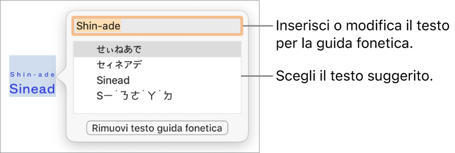 La guida fonetica aperta per una parola, con didascalie per il campo di testo e il testo suggerito.