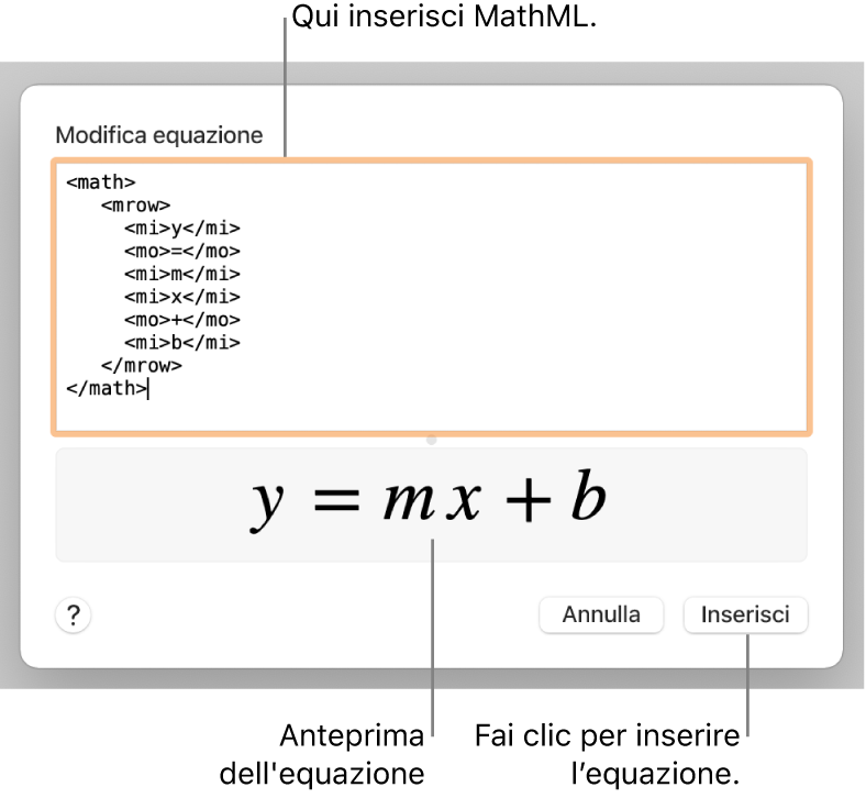 L’equazione del coefficiente angolare di una retta nel campo “Modifica equazione” e un’anteprima della formula sotto.