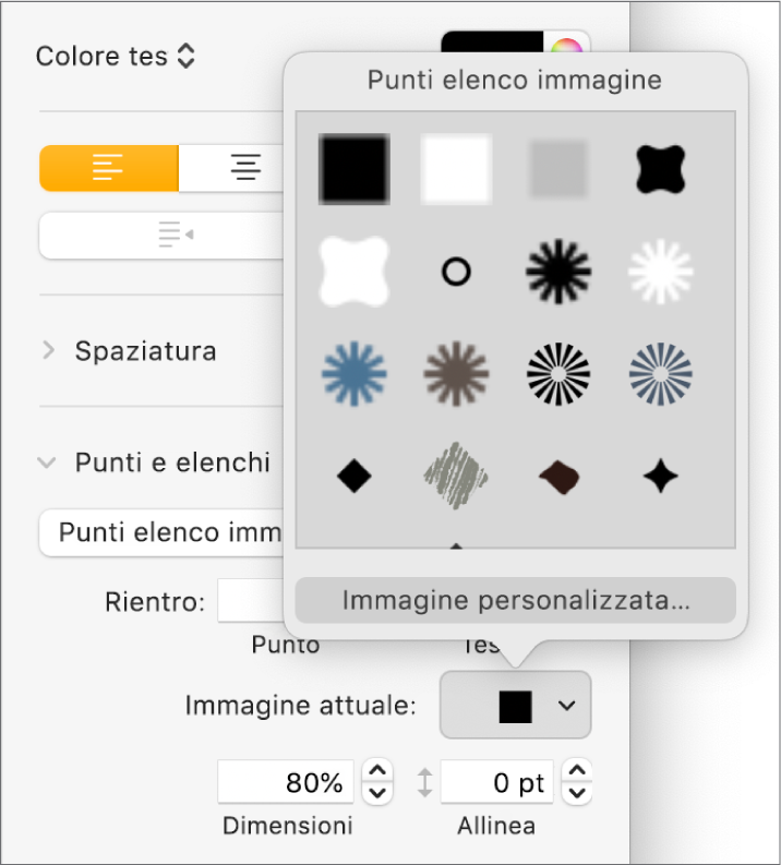 Il menu a comparsa “Punti elenco immagine”.