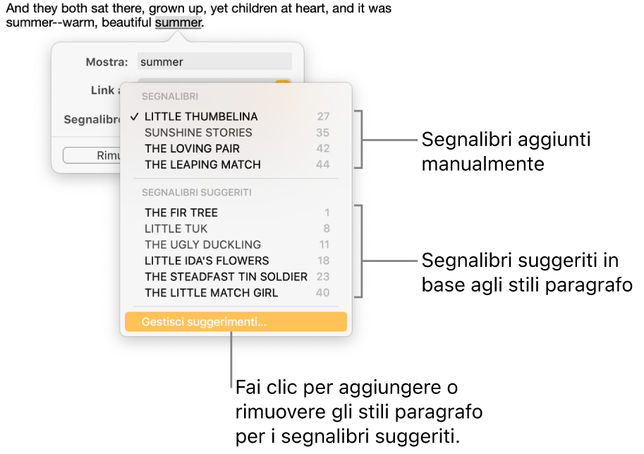 L’elenco dei segnalibri con i segnalibri aggiunti manualmente nella parte superiore e, sotto, i segnalibri suggeriti. In basso è visibile l’opzione “Gestisci suggerimenti”.