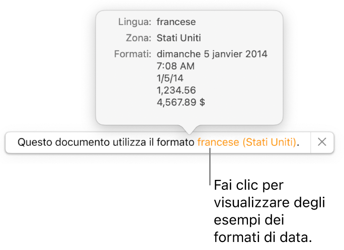 La notifica della diversa impostazione di lingua e zona, con esempi dei formati.