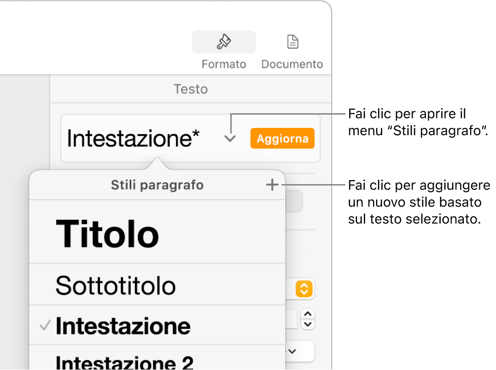 Il menu “Stili Paragrafo”, in cui vengono visualizzati i controlli per aggiungere o modificare uno stile.