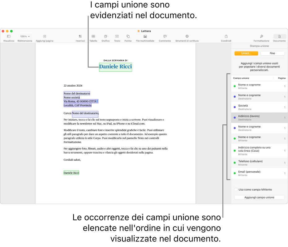Documento di Pages con i campi unione del destinatario e del mittente e l’elenco delle istanze dei campi unione visibile nella barra laterale del documento.