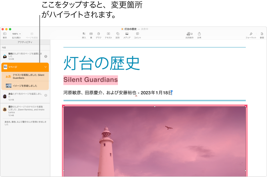 共同作業書類。「共同作業」メニューとアクティビティリストの両方が開いています。