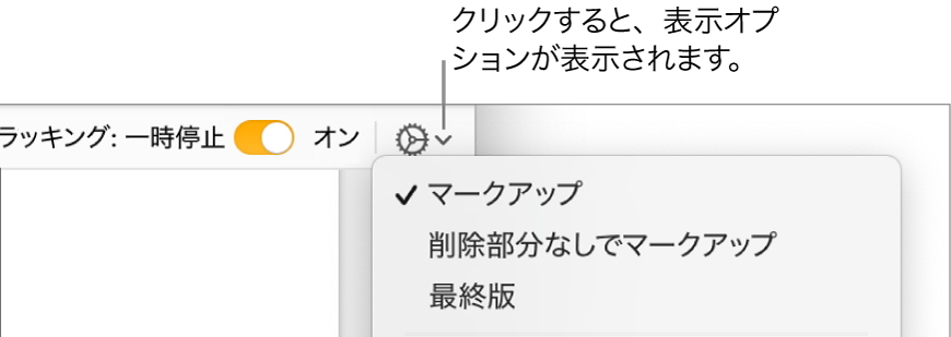 「マークアップ」、「削除部分なしでマークアップ」、「最終版」のレビューオプションが表示されたメニュー。