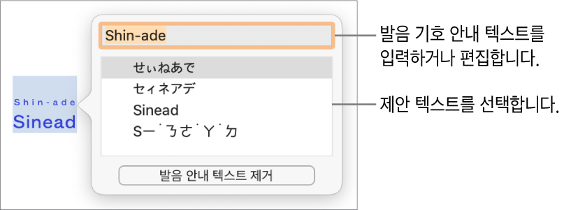 발음 기호 안내는 텍스트 필드 및 제안 텍스트에 대한 설명이 있는 단어에 대해 열립니다.