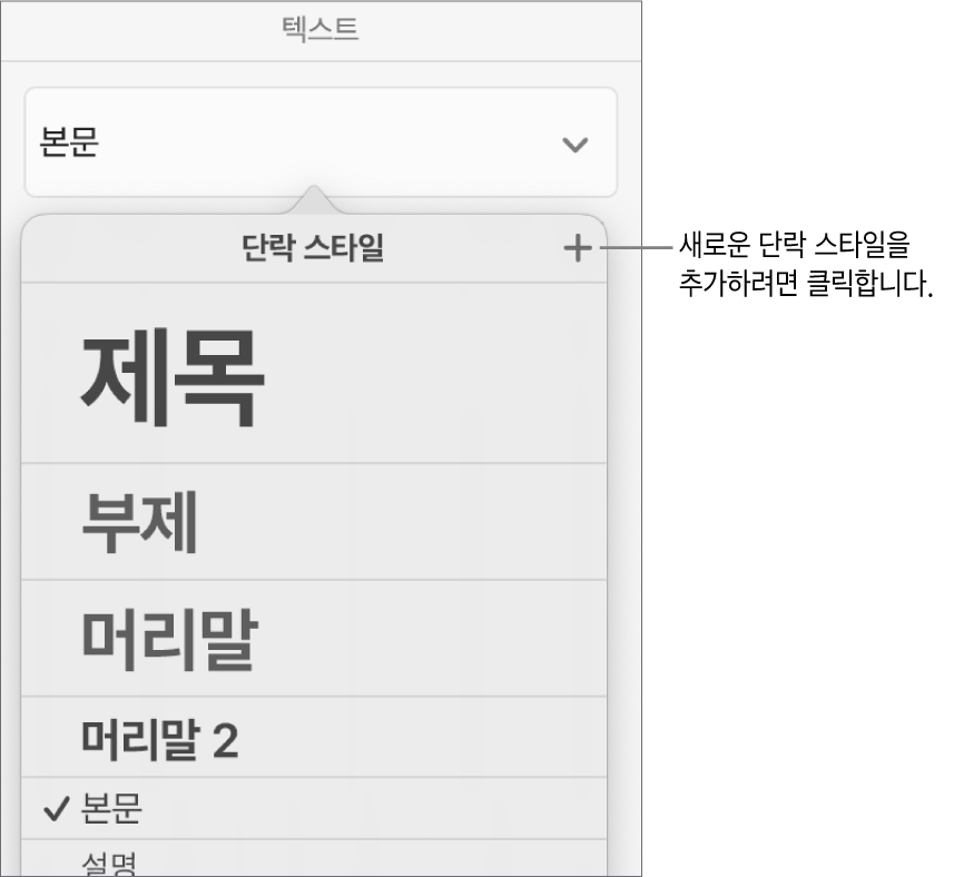 새로운 스타일 이름에 대한 설명이 있는 단락 스타일 메뉴.