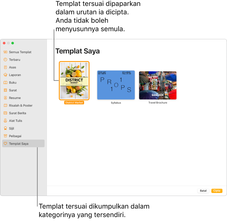 Pemilih templat dengan Templat Saya sebagai kategori akhir di sebelah kiri. Templat tersuai dipaparkan dalam tertib ia dicipta dan tidak boleh disusun semula.