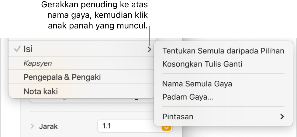 Menu Gaya Perenggan dengan menu pintasan terbuka.