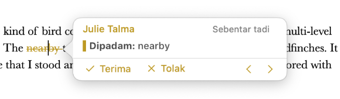 Teks yang dipadamkan dengan komen terbuka dan Terima, Tolak dan anak panah navigasi. Perubahan yang dijejak menunjukkan nama dan tarikh pengarang.