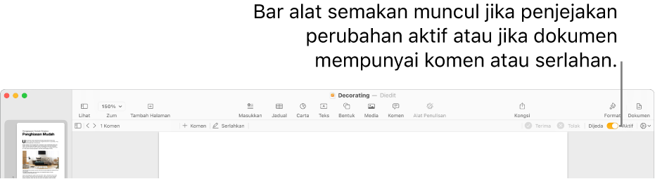 Bar alat Pages dengan penjejakan perubahan aktif dan bar alat semakan di bawah bar alat Pages.